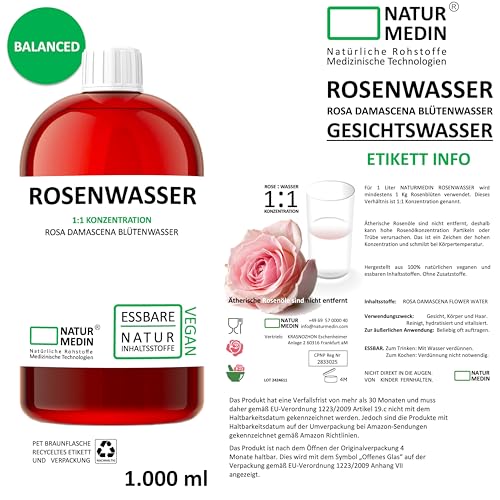 1.000-ml ROSENWASSER Essbares Gesichtswasser. 100% naturrein NATURMEDIN®