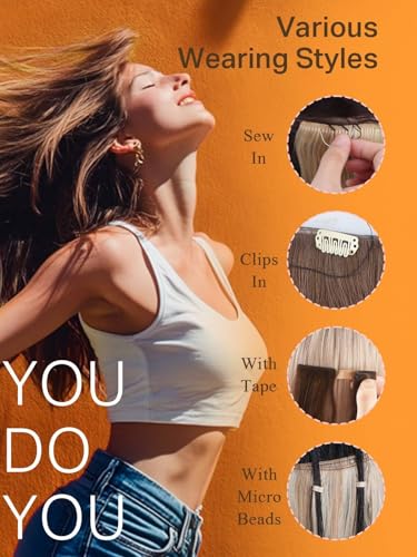 Image of DOORES Sew in Human Hair Extensions, 14 Inch Balayage Dark Brown to Chestnut Brown 40g, Genius Sew in Weft Remy Hair Extensions