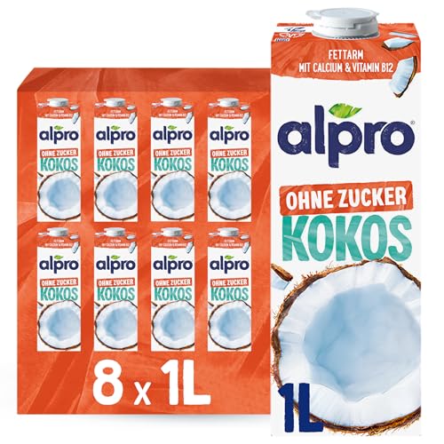 Alpro Kokosnussdrink ohne Zucker Ohne Süßstoffe Vegan und milchfrei Von Natur aus laktosefrei und fettarm Reich an Calcium und Vitaminen 8 x 1 L