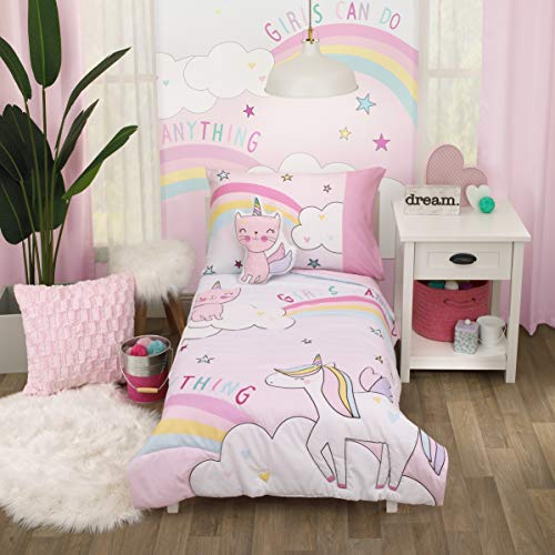 Everything Kids Caticorn Girl Power Pink & White With Pastel Rainbows & White Clouds Unicorn Stars 4Piece Toddler Bed Set, Pink, Aqua, Lavender, Yellow #TOP7