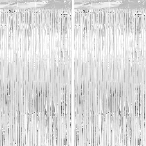 Image of Birthday Decorations Thicken Silver Streamers 2 Pack 3.3 x 6.6 FT, Tinsel Foil Fringe Backdrop Curtains, Photo Booth Props for Bachelorette, Prom, Engagement, Disco Party Decorations