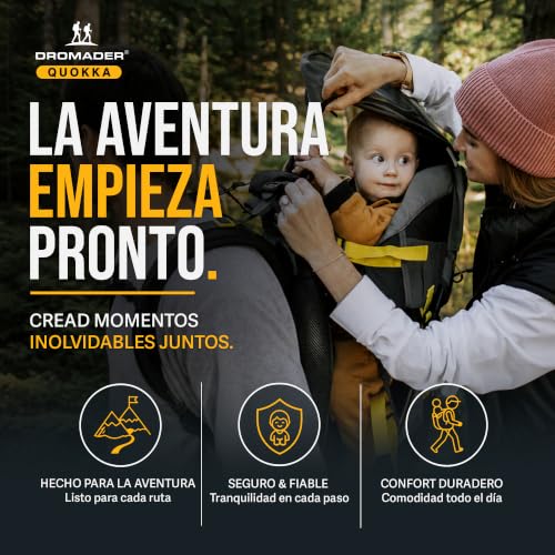 Miniatura 4 de Dromader Mochila Portabebe Montaña - Portabebes Senderismo Hasta 22kg Con Protector Solar, Protector De Lluvia, Bolsillo Térmico Y Cambiador - Estructura Plegable Con Una Mano Negro Y Amarillo