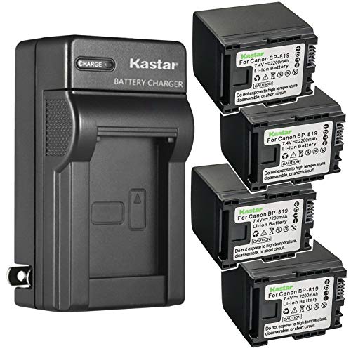 Kastar 4-Pack Battery and AC Wall Charger Replacement for Canon VIXIA HF S20 HFS20, VIXIA HF S21 HFS21, VIXIA HF S30 HFS30 Camera, Canon BP-809 BP-809/B BP-809/S, BP-819 BP819, BP-827 BP827 Battery