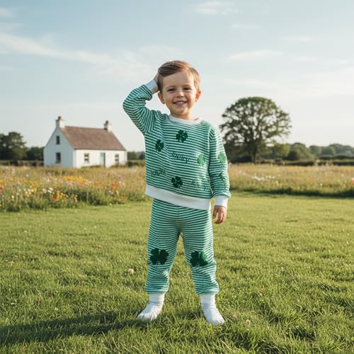 Image of Toddler Baby Boy St Patricks Day Outfit Infant Lucky Clover Sweatshirt Pants Set Little Kids Spring Warm Clothes