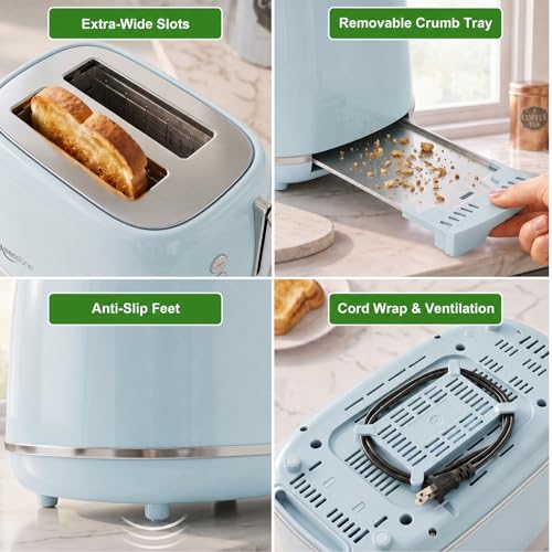 Image of Retro 2 Slice Stainless Steel Toaster with 6 Bread Shade Settings, Bagel, Cancel, Defrost Function, Extra Wide Slot, Removable Crumb Tray, Blue