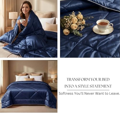 Image of SANMARINO 280 GSM Satin Silk AC Comforter for Single Bed (60 x 90 inches /152 x 228 cm), All Season Solid Reversible Blanket | Ultra Soft Lightweight Breathable Quilt, Glossy Finish - Royal Navy Blue