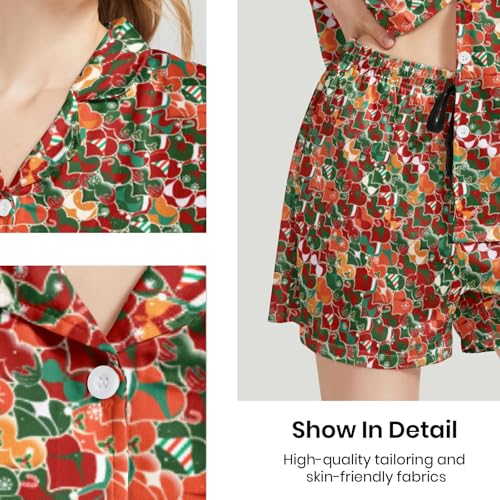 Image of Funny Pajamas for Women Set Print Satin Loungewear Pjs Short Sleeve Button Down Top and Shorts Sets Sleepwear XS-3XL
