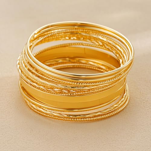 Image of IF ME Gold Bangle Bracelets for Women, Indian Bangles Stackable Set, Multi Layer Textured 18K Gold Plated Chunky Bracelets Boho Jewelrys Set