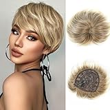 BECUS Blonde Hair Topper 3D Cover Hair Pieces for Women with Thinning Hair Clip-In Short Pixie Cut Toppers 6.5x6 (Blonde Mixed Brown)