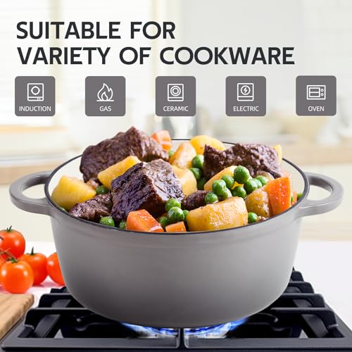 Image of 3 Quart Dutch Oven Enameled Cast Iron with Lid - Big Dual Handles - Oven Safe up to 500F - Classic Round Pot for Versatile Cooking Light Gray