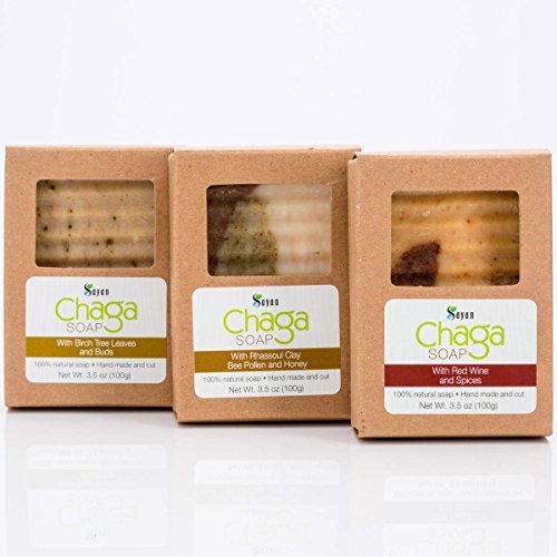 Sayan Siberian Chaga Mushroom Soaps Pack of 3, Chaga with Birch Tree Leaves and Buds, Chaga with Red Wine and Spices & Chaga with Rhassoul Clay, Bee Pollen and Honey - All Natural and Hand Made