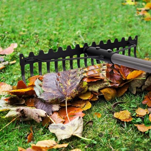 Heavy Duty Garden Rake, 17 Steel Tines Metal Head Rake Tool with Stainless Steel Handle for Loosening Soil Gathering Leaf Leveling Lawn Farming Land Thatch Rake Bow Rake