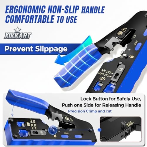 RJ45 Crimping Tool Kit, Pass Through Cat7 Cat6A Cat6 Cat5E Cat5 RJ45 Ethernet Crimp Tool with 10PCS Cat7 Pass Through Connectors 10PCS Cat6 (Cat7 Crimping Tool Combo Kit)