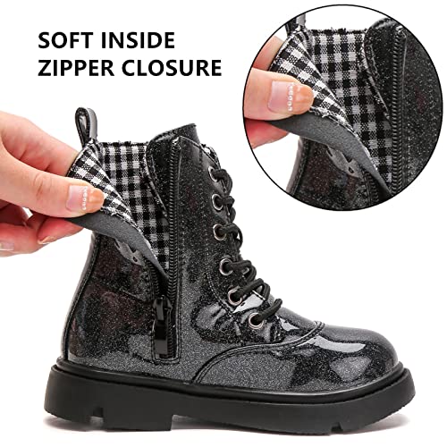 Kkdom Boys Girls Waterproof Lace Up Side Zipper Mid Calf Combat Boots(Toddler/Little Kid/Big Kid) Glitter Black Us Size 4 M Big Kid #TOP4