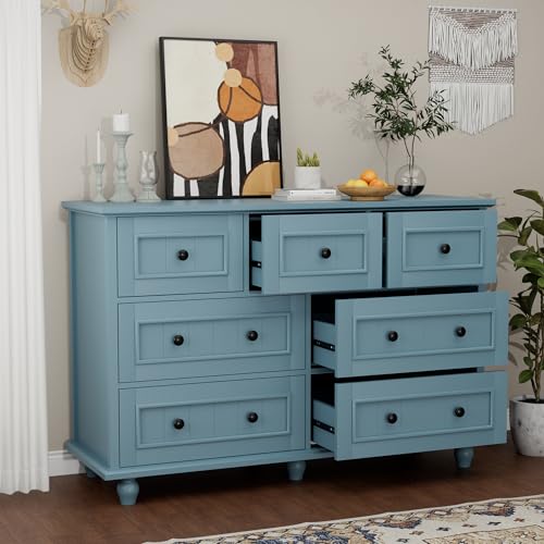 Image of Scurrty Antique Dresser, Modern Chest of Drawers, 7 Drawers Large Cabinet with Storage, Dresser for Clothes in Living Room, Bedroom (Blue)