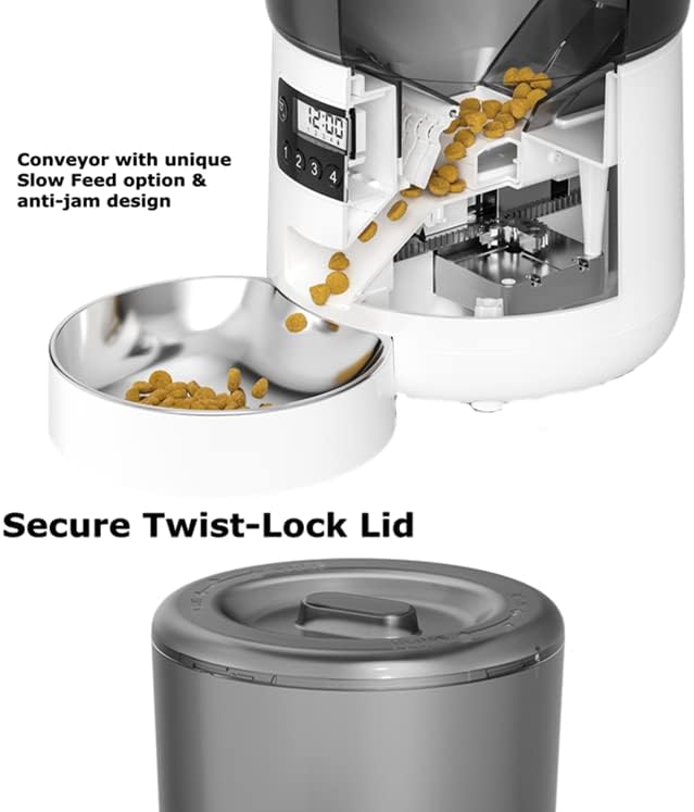 Close-up of the AILRINNI Automatic Pet Feeder's food dispensing mechanism and secure lid
