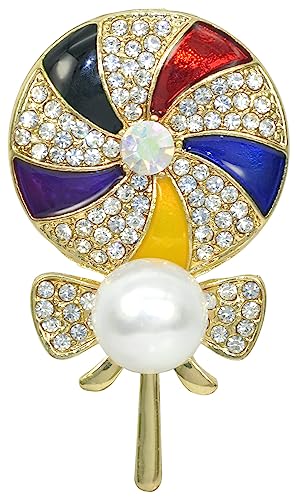 Image of Gyn&Joy Golden Tone Clear Crystal Rhinestone Enamel Faux Pearl Lollipop Candy Brooch Pin Lapel Pin BZ160