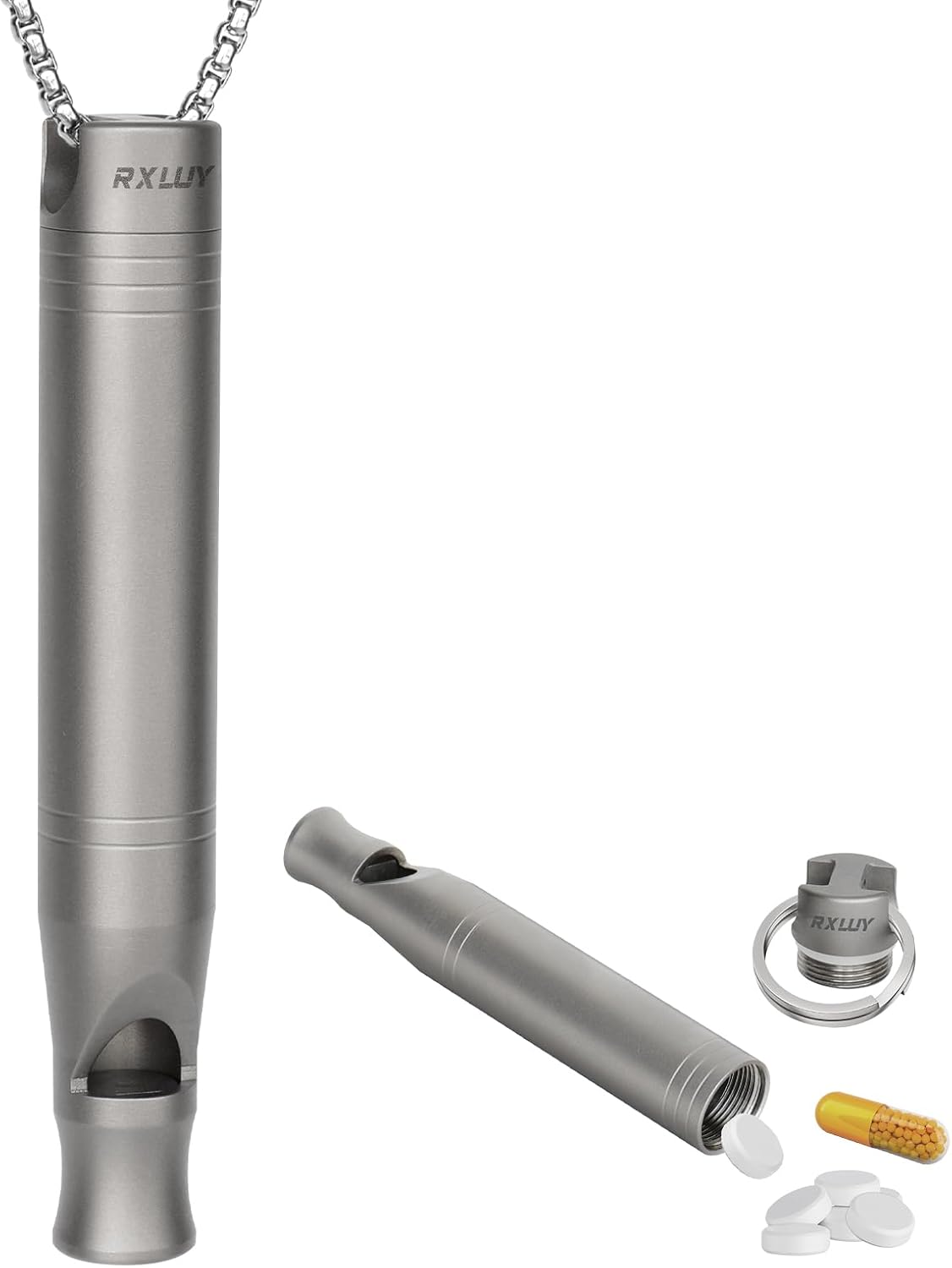 Titanium Emergency Whistle with Hidden Pill Holder Case, Portable Waterproof Fob Medicines Organizer 120db+ Survival Whistles Keychain Container for Outdoors, Camping, Travel EDC Accessories Titanium Emergency Whistle with Hidden Pill Holder Case, Portable Waterproof Fob Medicines Organizer 120db+ Survival Whistles Keychain Container for Outdoors, Camping, Travel EDC Accessories