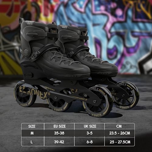 Image of Konex Premium 3 Wheel Inline Skates | Adjustable 100 MM PU Rubber Wheel Roller Skating Shoes for Boys and Girls (Size Euro 35-38, Black)
