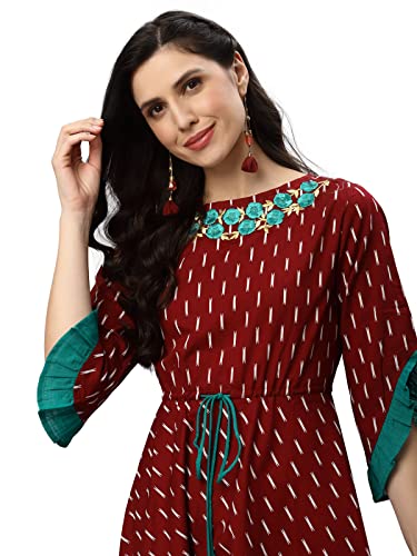 Image of Yash Gallery Women's Fit And Flare Calf Length Cotton Ikat Printed Flared Dress