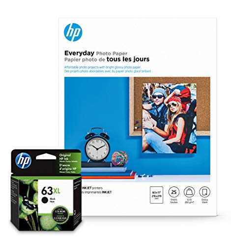 Image of HP 63XL Black Ink + HP Everyday Photo Paper, Glossy, 25 Sheets, 8.5x11