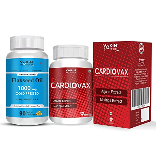 Image of Vokin Biotech Natural Cardiovax with Arjuna Extract & Moringa Extract (60 Tablets) With Cold Pressed Flaxseed Oil | Omega 3 6 9 (90 Softgel Capsules) pack Of 2