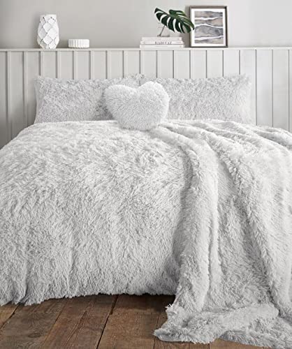 NIGHTZONE Teddy Bear Fleece Long Fur Cuddles Alaska Luxury Duvet Cover Set Warm Cosy Soft Teddy Bedding Set (White Double)