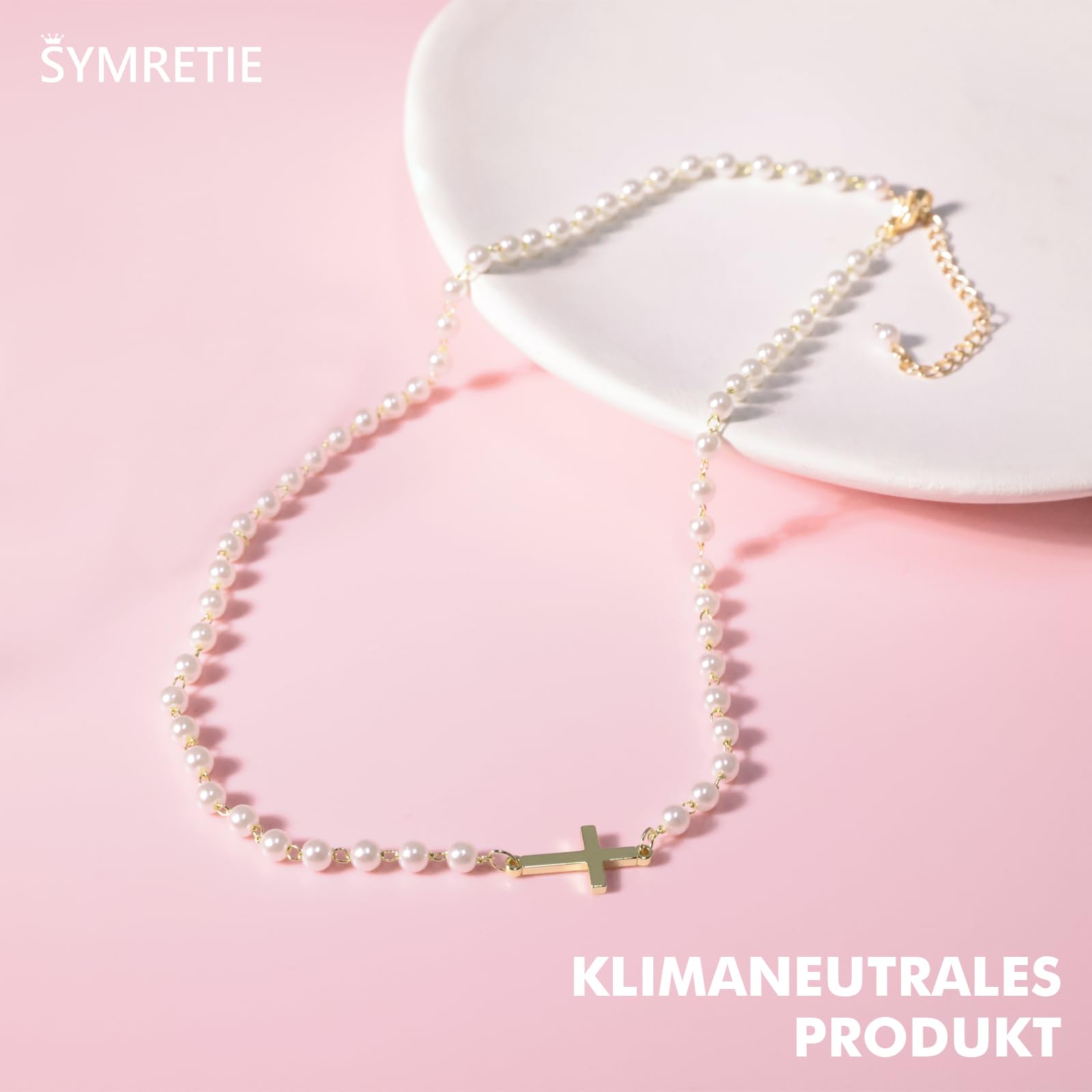 Damen Perlenkette Imitationsperle Halskette mit Kreuz 4 mm Hochzeit Brautschmuck