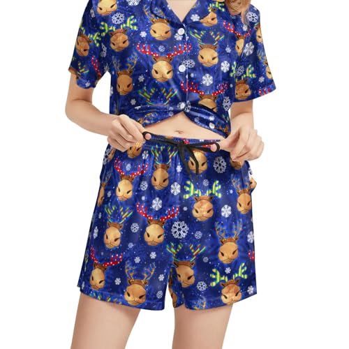 Image of Funny Pajamas for Women Set Print Satin Loungewear Pjs Short Sleeve Button Down Top and Shorts Sets Sleepwear XS-3XL
