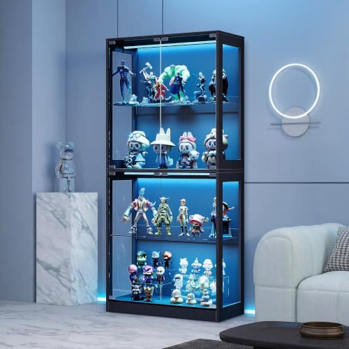 LUXOAK Glass Display Cabinets with Acrylic Frame 70 Extra Tall Display Case with APP Control and 7 Color Lights Suitable for Figures Models & Collectibles Easy Assembly Black