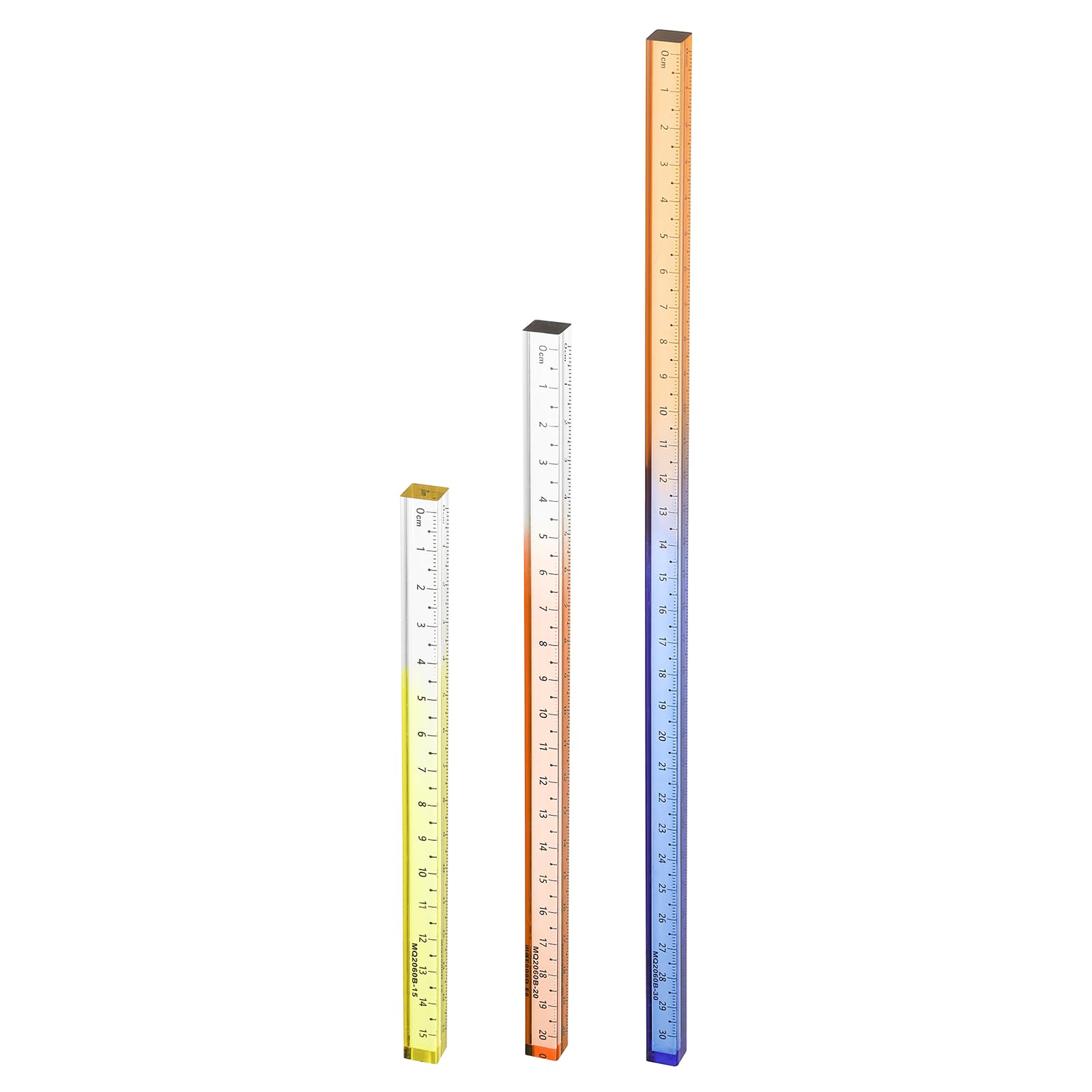 sourcing map 3pcs Acrylic Clear Straight Rulers 15/20/30cm Metric Transparent Gradient Three-Dimensional Plastic Ruler Square Cube Measuring Tool for Office, Yellow/Orange/Blue Orange