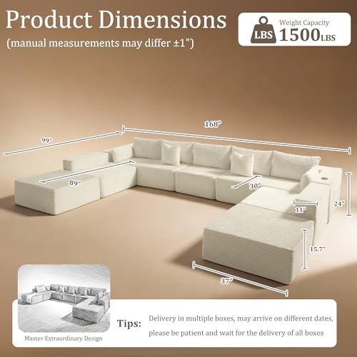 Image of 168 inch Cloud Sectional Couch, Comfort U Shaped Sofa for Living Room, Extra Deep Seats No Assembly, Minimalist Modular Couch, Corduroy (Cream, 9 Seats,U-Shape A)