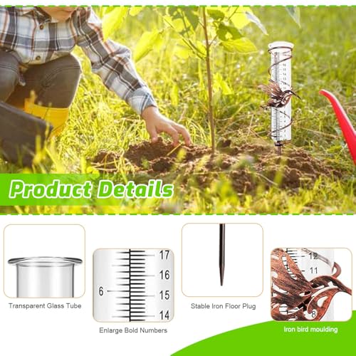 Dhqkqg Rain Gauge,Rain Gauge for Outdoor,7 inch Large Capacity Glass Rain Gauge Stake with Metal Tube Holder and Bird Decor,Detachable Rain Guage for Garden,Yard,Deck,Lawn,Landscape,Pond,Farmland - Image 2