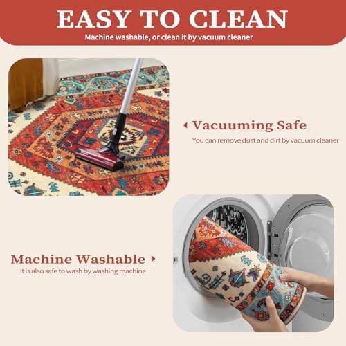 SERISSA Boho Round Area Rug, 6ft Washable Non-Slip Circle Rug, Ultra Soft Oriental Vintage Orange Low-Pile Circular Carpet for Bedroom Entryway Kids Room Office College Dorm Living Room