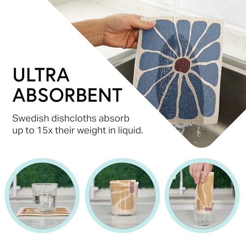 Image of Swedish Wholesale Dishcloths Reusable 8 inch x 7 inch Sponge Cloths, Bulk 10 Pack of High Absorbent Cellulose Dish & Kitchen Cleaning Hand Towels, Wring to Dry & Machine Wash, Odor Resistant, Retro Flower