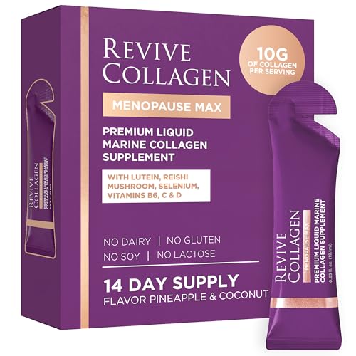 Revive Collagen Menopause Max Hydrolyzed Marine Collagen Drink for Women 10 000MG Lutein Reishi Mushroom Vitamin B6 C & D for Skin & Eye Wellness Pineapple & Coconut Flavour 14 Packets