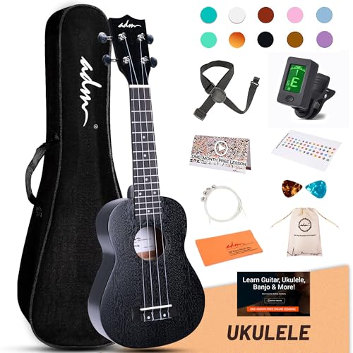 Image of ADM Ukulele for Beginners Hawaiian Sapelewood Ukelele Kit for Adult Student Starter Professional Ukalelee Pack Bundle with Free Lessons Gig Bag Strap Nylon String Tuner (Black-Sapele, 21 Inch)