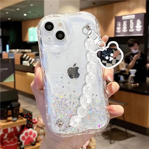 Image of KC Back Cover for iQOO Z6 Lite 5G & Vivo Y77 5G - 3D Curly Wave Dry Fixed Non Moving Glitter Bear Pendant Bracelet Shockproof Soft Silicone Camera Protection case (Transparent)