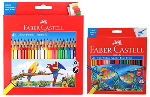 Image of Faber-Castell 48 Triangular Colour Pencils Water Color Pencils with Paint Brush - Pack of 24 (Assorted)