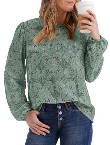 Image of OFEEFAN Blouses for Women Dressy Casual Spring Tops 2026 Summer Outfits Flower Lace Crochet Long Sleeve Shirts