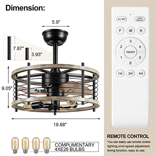 Shihot Farmhouse Caged Ceiling Fans With Lights And Remote, 20'' Rustic Vintage Wood Ceiling Light Black Metal, Industrial Light Fixture For Hallway Entryway Bedroom Balcony Dining Room, Reversible #TOP1