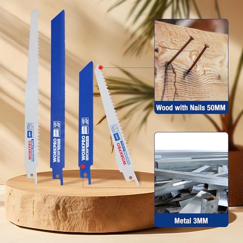 Image of WORKPRO 10-Piece Reciprocating Saw Blade Set, BIM Saw Blades for Metal /Nailed Wood Cutting, Organizer Case Included