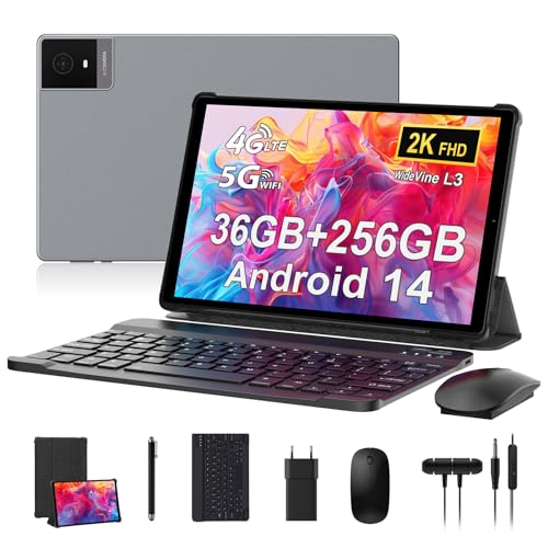 RUSHAR Newest Tablet 10.4 Pollici Android 14,Tablet in Offerta 36GB RAM+256GB ROM(TF 1TB),Tablet con 4G LTE+5G WiFi,IPS 2K HD,Octa-Core 2.0GHz,13MP+8MP,8000mAh,Bluetooth,Tablet con Tastiera etc,Grigio
