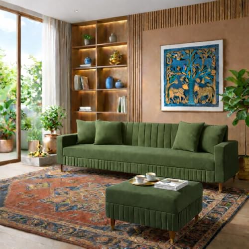 Image of SRMS Solid Wood 4 Seater L Shape Velvet Fabric Sofa Set with Four Cushions | Perfect for Home Office Guests Living Room | Sofa Set for living Room | 74 x 32 x 30 inches | Green