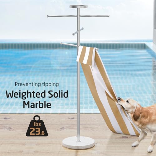 Natural Marble Outdoor Towel Rack with Weighted Base, KES 5-Feet Pool Towel Rack Outdoor for Hot Tub 18/8 Stainless Steel, Adjustable 3 Arms with Storage Tray, Brushed Finish OTR200-2
