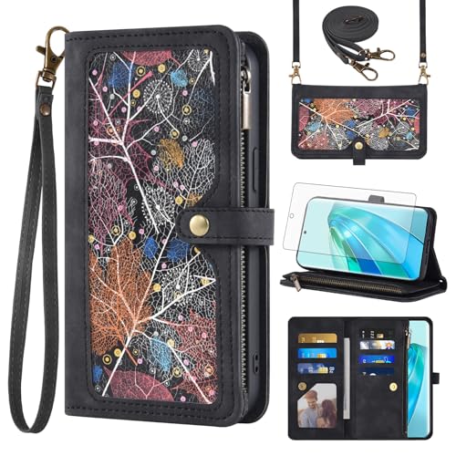 Étui Honor Magic 5 Lite 5G en cuir PU noir textur&eacute; motif fleur avec protection vitre