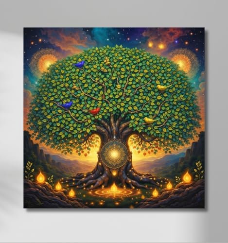 Image of Kunj Cart Kalpavriksha Tree Painting | 8+ DESIGNS | Kalpvriksh Tree Wall Painting | Lucky Tree Wall Art For Living Room, Bedroom and Office Decor | Canvas Painting for Wall Decoration (Design - D, 12x12 Inch, Framed)
