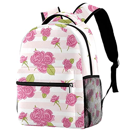 Sac à dos enfant motif roses roses et compartiment gourde pour école, voyage et loisirs mixtes