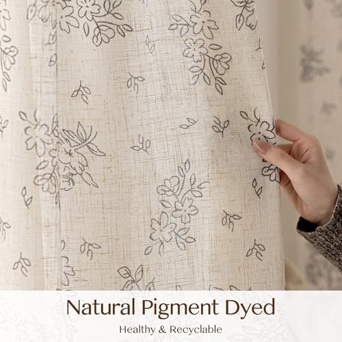 Image of THREE GIRLS Black Floral Beige Linen Curtains 95 Inches Long, Light Filtering Vintage Farmhouse Drapes, Back Tab Rod Pocket Window Treatments 2 Panels for Living Room Bedroom