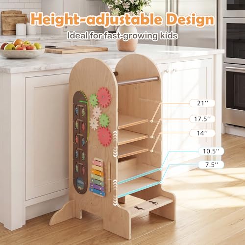 Image of Costzon Toddler Step Stool, 4-in-1 Kids Kitchen Standing Tower with Adjustable Height, Chalkboard & Slide, Montessori Games, Safety Rails & Anti-tip Feet, Wooden Children High Chair for Boys & Girl